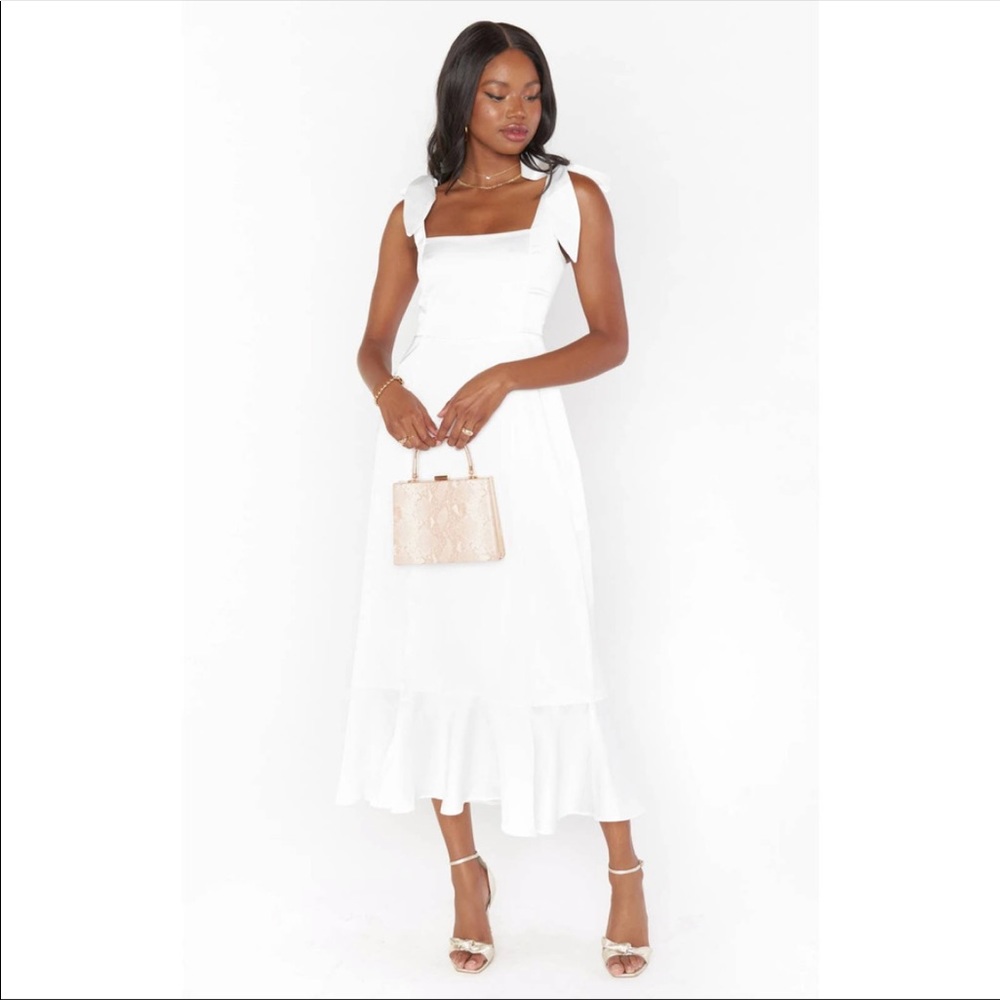 Show Me Your Mumu Garden Midi Dress in Ivory Luxe Satin